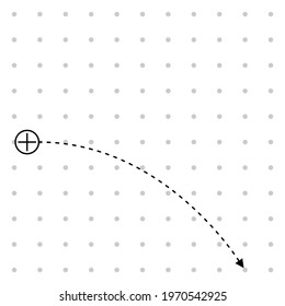 Illustration vector icon of movement of positive electric charge in ejaculate magnetic field from screen. Positive charge move down in curve way. Physics science experiment for education.