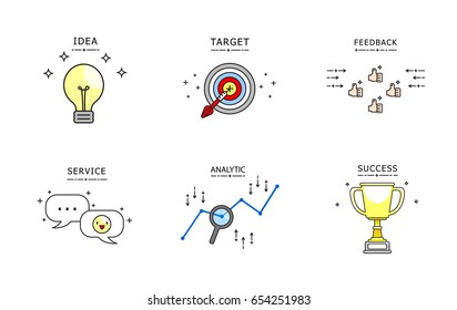 Illustration vector icon set on social media marketing strategy concept on viral content. Flat thin line cartoon style. Idea,target audience,feedback,chat service,data analytic,goal
