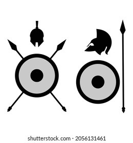 Illustration vector icon set of shields, swords, axes and royal war helmets.
