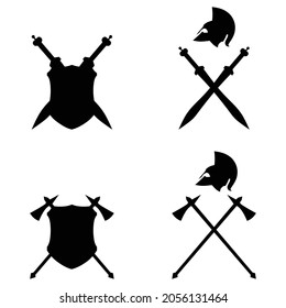 Ilustración vectorial conjunto de escudos, espadas, hachas y cascos de guerra real.