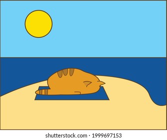 illustration vector vector image a big red cat in stripes is lying sleeping resting on the beach sunbathing in the sun