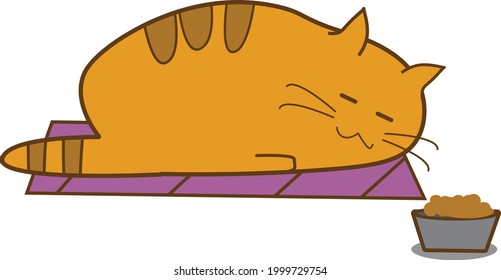 illustration vector vector image a large red cat in stripes is lying sleeping resting on a rug there is a bowl of food next to it