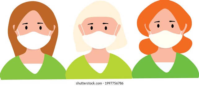illustration vector vector image man girl three girls group in white masks in a mask