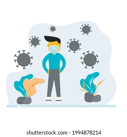 illustration vector image of 
man standing outdoors and wearing face mask during pandemic