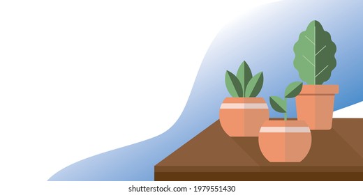 Illustration vector image of plants in pots standing on the table against the background of the sky. Beautiful vector illustration for business, landing pages, typography
