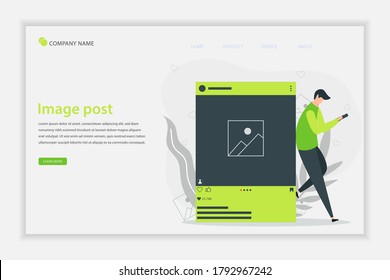 Illustration vector Image posting concept landing page. A young man posting photos on smartphone. Social media addiction vector concept. can use for, landing page, template, web, homepage, poster.