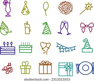 Illustration of vector image of set the party line icons and birthday icons set. Set of 16 outline birthday icons such as party hat, gifts, ballon, candle, cake, party flag, heart ballons.