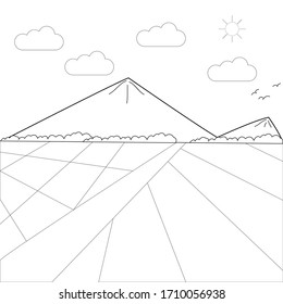 ilustra imágenes vectoriales de paisajes panorámicos, campos de arroz y el cielo . Página Niños coloreando