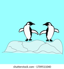 ilustración imágenes vectoriales de dos pinguinos en la tierra de hielo con fondo cian azul