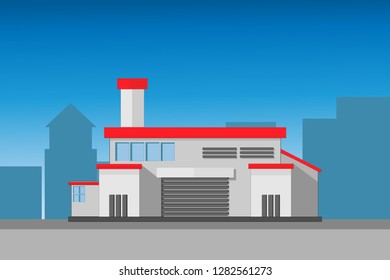 The illustration and vector industrial factory in condition flat style. Factory plant had chimney near city effect to air pollution.