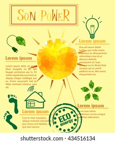 Illustration vector info graphic power of the sun on a yellow background of clean energy for the planet and people