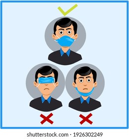 ilustración Información vectorial sobre cómo utilizar la máscara incorrecta y correcta, adecuada para carteles, pancartas, pegatinas