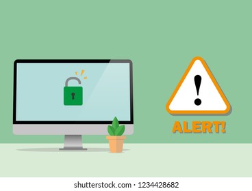 Illustration vector of internet phishing, hacking internet social network concept. A screen computer, exclamation mark, “Alert!” text and unlocked green lock on the screen with copy space.