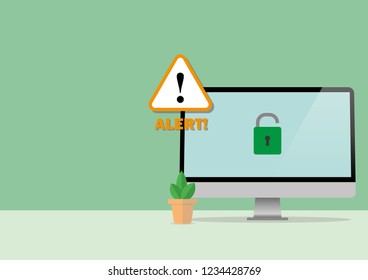 Illustration vector of internet phishing, hacking internet social network concept. A screen computer, exclamation mark, “Alert!” text and unlocked green lock on the screen with copy space.