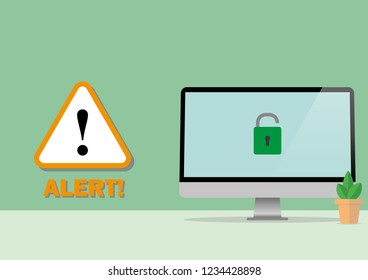 Illustration vector of internet phishing, hacking internet social network concept. A screen computer, exclamation mark, “Alert!” text and unlocked green lock on the screen with copy space.