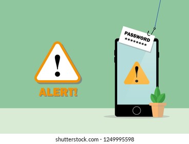 Illustration vector of internet phishing, stealing password concept. A mobile phone, exclamation mark and “Alert!” text on the screen with copy space.