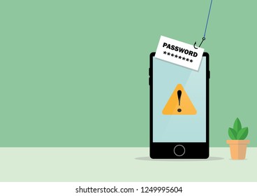 Illustration vector of internet phishing, stealing password concept. A mobile phone with exclamation mark on the screen with copy space.