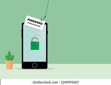 Illustration vector of internet phishing, stealing password, hacking social network concept. A mobile phone and unlocked green lock on the screen with copy space.