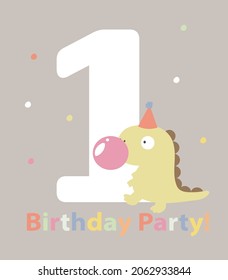 An illustration in a vector. Invitation to the dino party, in cartoon style, on a grey background, with the image of a cute funny dinosaur with pink bubble gum.