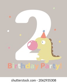 An illustration in a vector. Invitation to the dino party, in cartoon style, on a grey background, with the image of a cute funny dinosaur with pink bubble gum.