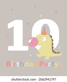 An illustration in a vector. Invitation to the dino party, in cartoon style, on a grey background, with the image of a cute funny dinosaur with pink bubble gum.