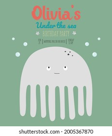 An illustration in a vector. Invitation to the sea party, in cartoon style, on a green background, with the image of a cute funny jellyfish