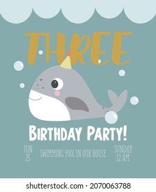 An illustration in a vector. Invitation to the sea party, in cartoon style, on a blue background, with the image of a cute funny whale and the number three.