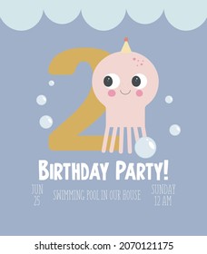 An illustration in a vector. Invitation to the sea party, in cartoon style, on a blue background, with the image of a cute funny pink octopus and the number two.