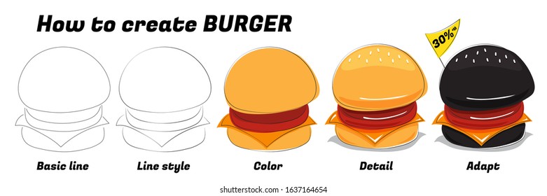 Illustration vector isolated beef burger or hamburger food line and coloring for graphic drawing tutorial