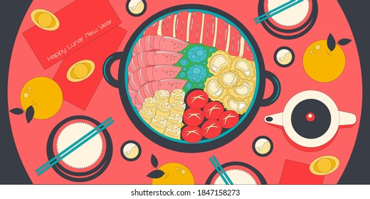 Illustration vector isolated big hot pot seafood on dinner lunar new year eve party or family reunion feast concept