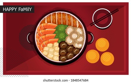 Vector de ilustración aislado mariscos grandes de olla caliente para la cena Nochevieja lunar fiesta de vísperas o el concepto de fiesta de reunión familiar