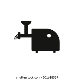 Illustration vector isolated black silhouette of image of meat grinder on white background in flat style. Icon kitchen equipment. Subject of to grind food, meat, fish. For interior. Fashionable design