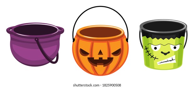 Illustration vector isolated bucket candy or popcorn collection set on happy halloween day costume for kids party on white background