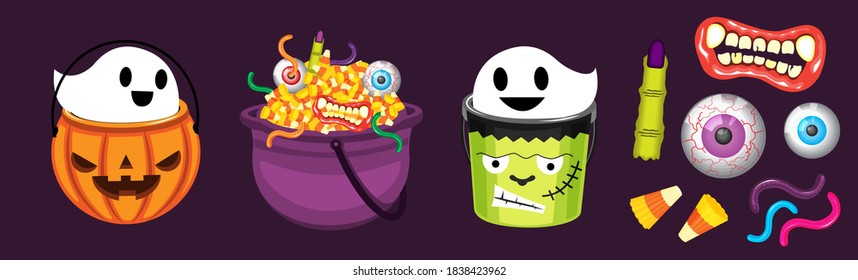 Illustration vector isolated bucket candy or popcorn collection set on happy halloween day costume for kids party on white background