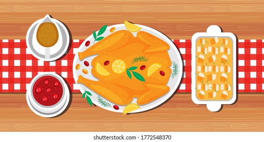 illustration vector isolated cartoon of traditional roast turkey with gravy 
 sauce side dishes on wooden dinner table top view