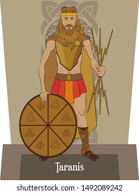 Illustration vector isolated of Celtic mythical god, Taranis, God of Thunder., cosmic wheel.