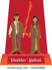 Illustration vector isolated of Chilean native people, Aónikenk, Tehuelches, typical costume 