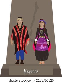 Illustration vector isolated of Chilean native people, Mapuche, typical costume 