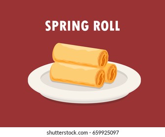 illustration vector isolated of Chinese food spring roll on white plate on table close up.