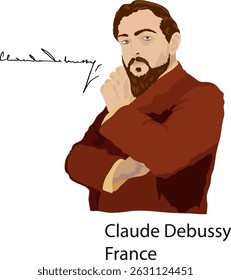 illustration vector isolated of Claude Debussy, the first Impressionist, French composer