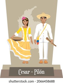 Illustrationsvektor einzeln auf kolumbianischen traditionellen Kostümen, kolombischen Tänzen Cesar, Vallenato, Pilon.