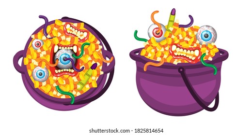 Illustration vector isolated cute cartoon object on Happy halloween Day decoration on table setting for kids party as concept. Candy corn , worm gummy jelly , sweet eyes, dracula teeth in witch pot.