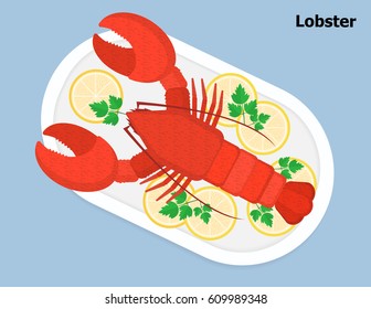 Illustration vector isolated dinner dish of grilled lobster with lemon on plate.