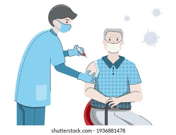 Illustration vector isolated of doctor and old patient on time to coronavirus vaccine concept