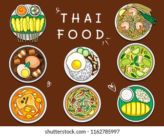 Illustration vector isolated doodle line style icon dish of Thai food top view on table at restaurant Thailand. Som tum, pad Thai, dessert,fruit, curry ,pork ,chicken, fish, noodles,rice menu