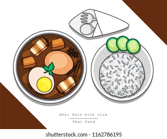 Illustration vector isolated doodle line style dish of Thai food top view on table at restaurant Thailand. Bowl of Khai Palo or egg,belly pork,tofu sweet soup and plate on rice with fork and spoon