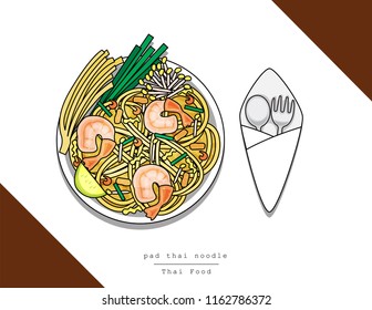 Illustration vector isolated doodle line style dish of Thai food top view on table at restaurant Thailand. Pad Thai rice noodle stir fried with shimp