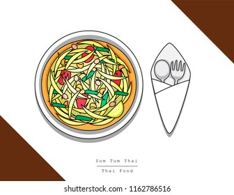 Illustration vector isolated doodle line style dish of Thai dessert top view on table at restaurant Thailand. Som tum or papaya salad served with spoon and fork