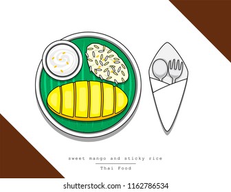Illustration vector isolated doodle line style dish of Thai dessert top view on table at restaurant Thailand. Sweet mango and sticky rice on leaf served with spoon and fork