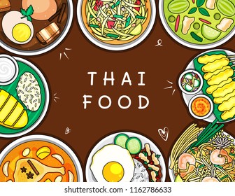 Illustration vector isolated doodle line style icon dish of Thai food top view on table at restaurant Thailand. Som tum, pad Thai, dessert,fruit, curry ,pork ,chicken, noodle, rice, fish menu